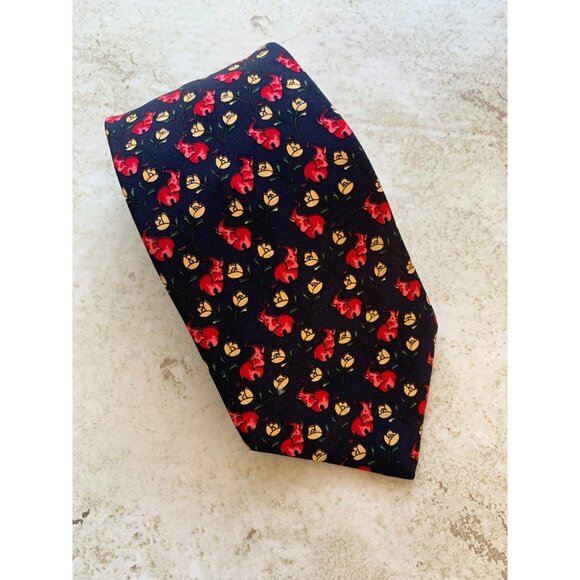 Burberrys Silk Tie With Red Fox & Yellow Flower Pattern Made In England - Picture 2 of 7